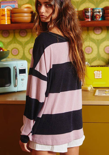 Stripe Color Block Number 22 Print Game Day Loose Long Sleeve Top