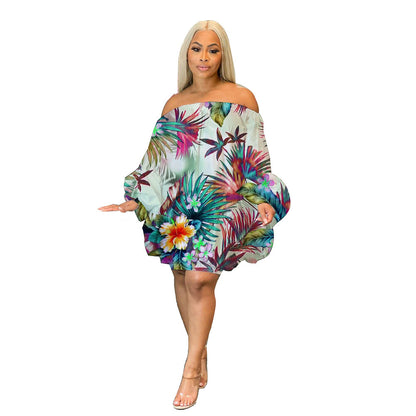 Off Shoulder Satin Printed Bat Sleeve Dress