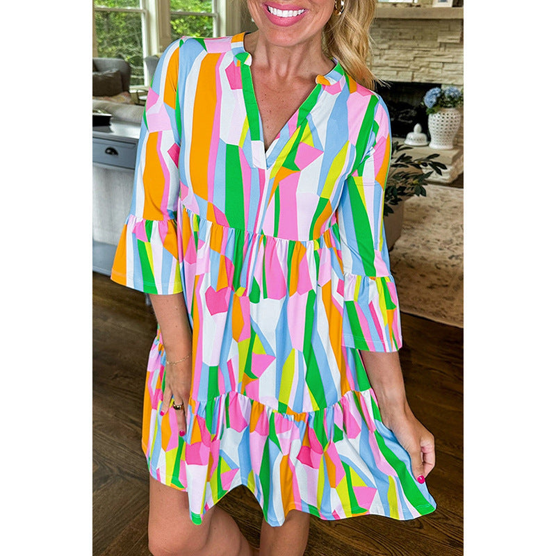 Pullover V-neck Short Sleeve Dress Women