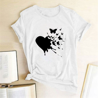 Butterfly Love Printed Casual All-match Loose Ladies Short Sleeve T-Shirt