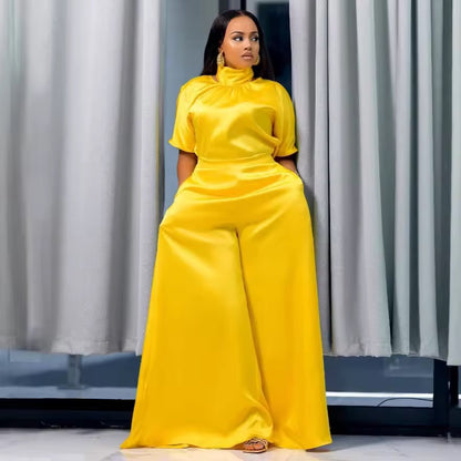 Satin Silky Strap Flounced Sleeve Wide Leg Two-piece Set