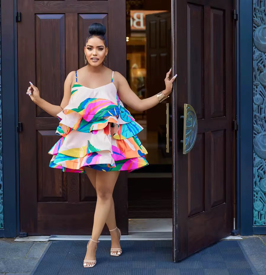 Light Color Printing Layer Fishbone Sling Short Dress