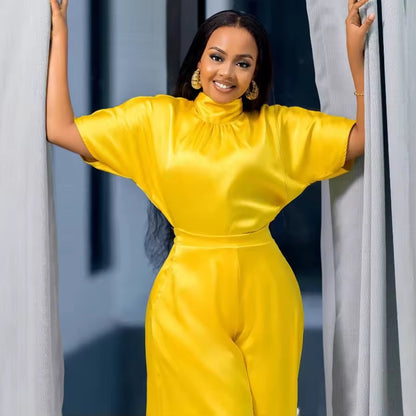 Satin Silky Strap Flounced Sleeve Wide Leg Two-piece Set