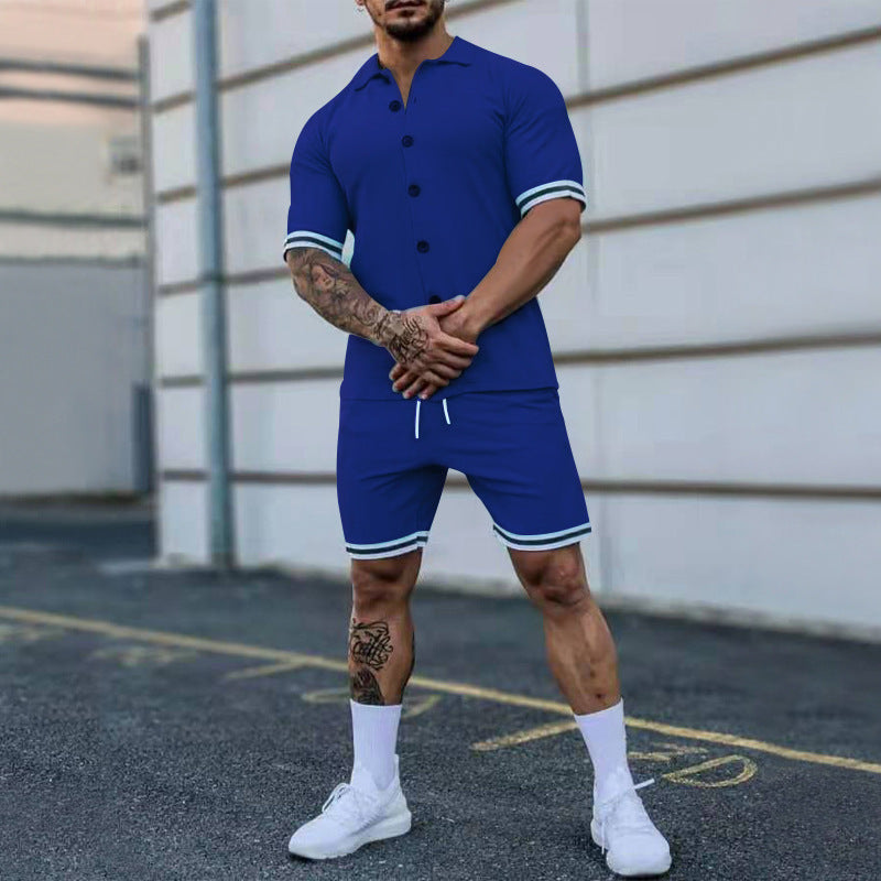 Men's Exercise New Solid Color Lapel Button Short-sleeved Shirt And Shorts Suit