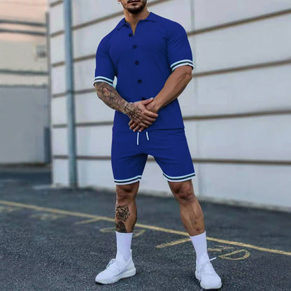 Men's Exercise New Solid Color Lapel Button Short-sleeved Shirt And Shorts Suit