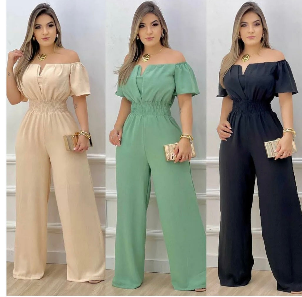 Women's Off-neck Waist Trimming Loose Straight Jumpsuit