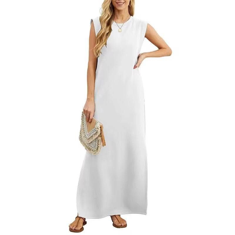 Summer Sleeveless Slit Dress With Pockets Casual Loose Long Dresses For Womens Clothing
