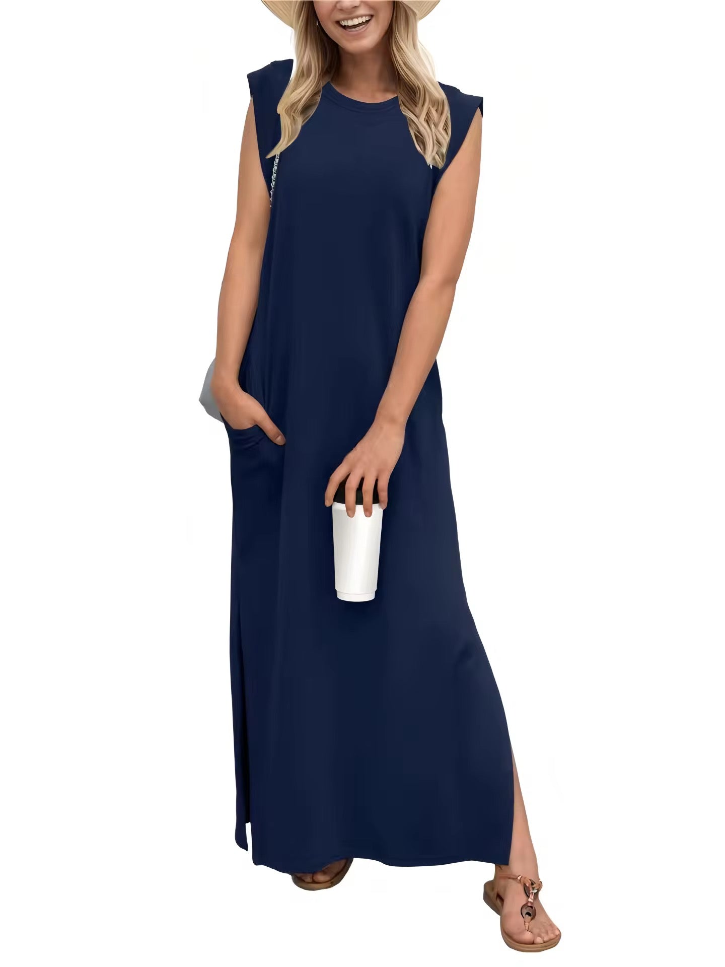 Summer Sleeveless Slit Dress With Pockets Casual Loose Long Dresses For Womens Clothing