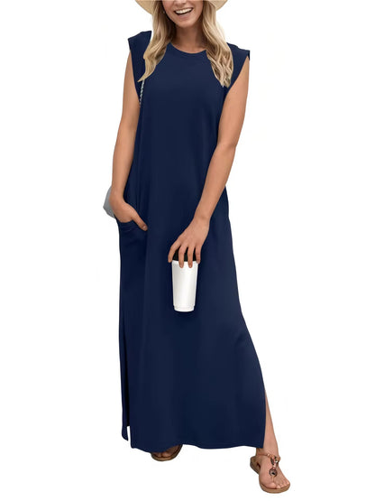 Summer Sleeveless Slit Dress With Pockets Casual Loose Long Dresses For Womens Clothing