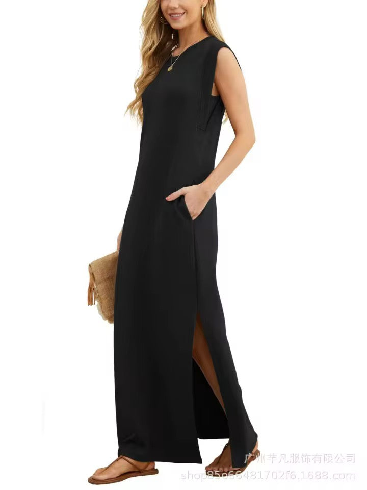 Summer Sleeveless Slit Dress With Pockets Casual Loose Long Dresses For Womens Clothing