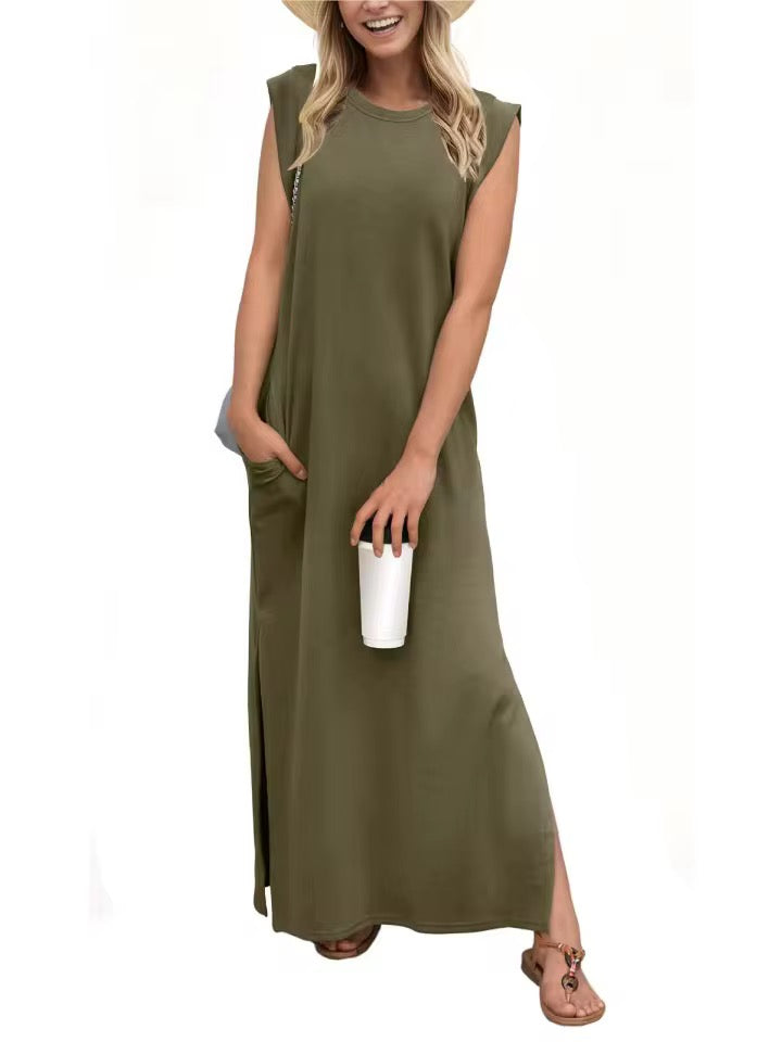 Summer Sleeveless Slit Dress With Pockets Casual Loose Long Dresses For Womens Clothing
