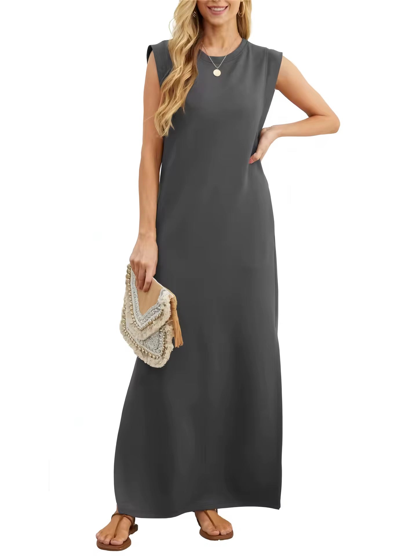 Summer Sleeveless Slit Dress With Pockets Casual Loose Long Dresses For Womens Clothing