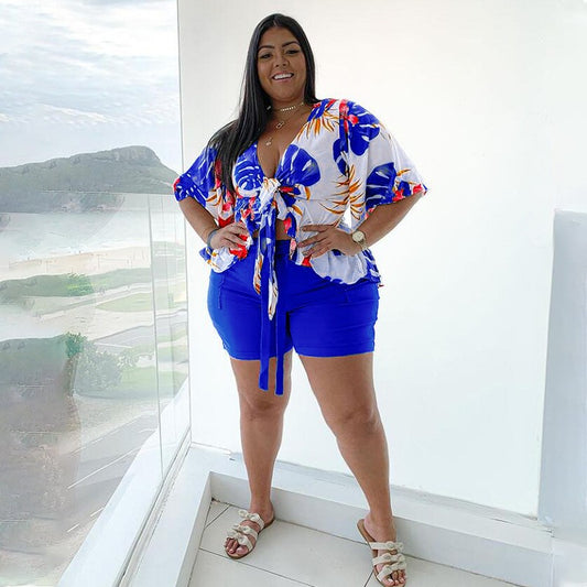 Women's Plus Size Two-piece Suit Printed Casual Cardigan Shorts Suit