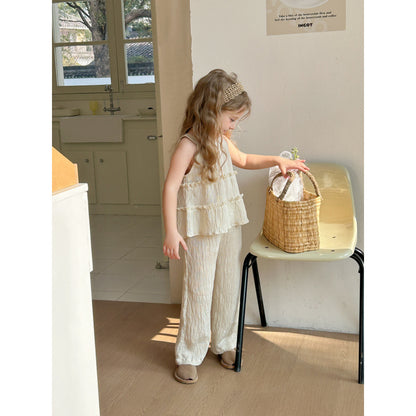 Round Neck Sleeveless Top Baggy Straight Trousers Two-piece Set