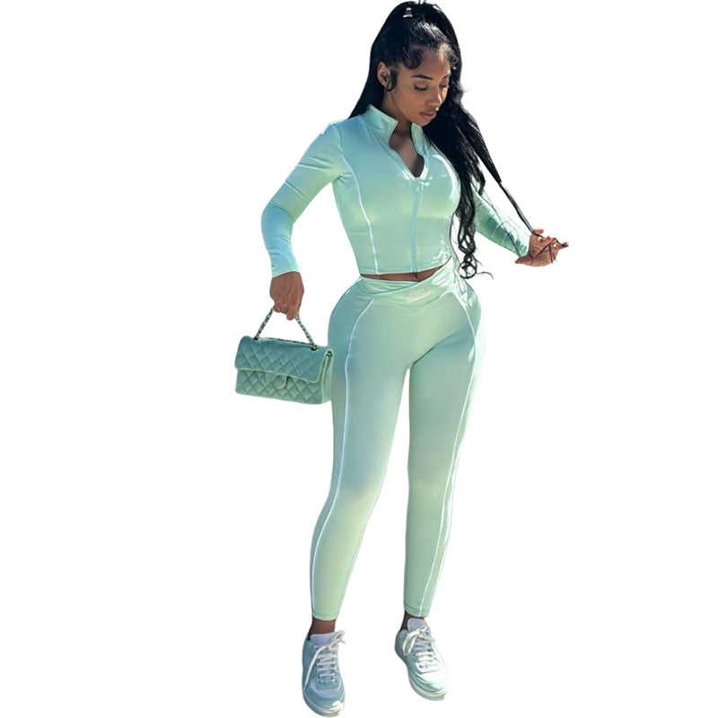 Midriff-baring Long Sleeve Top Slim-fit Sheath Trousers Suit Women