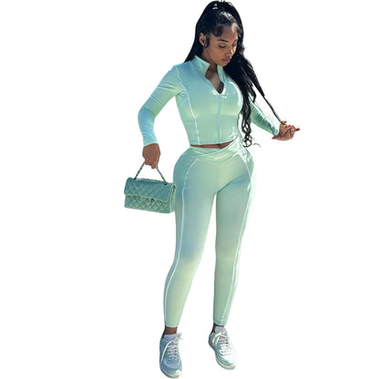 Midriff-baring Long Sleeve Top Slim-fit Sheath Trousers Suit Women