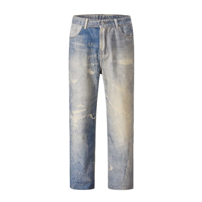 Digital Printed Jeans Gray White Washed Distressed Trousers