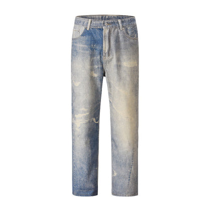 Digital Printed Jeans Gray White Washed Distressed Trousers