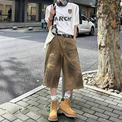 Washed Old Niche Design Straight Baggy Denim Shorts