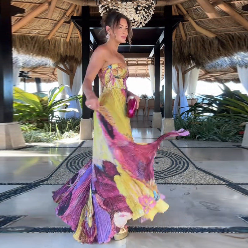 Women's Printed Bandeau Slim-fit Vacation Style Dress