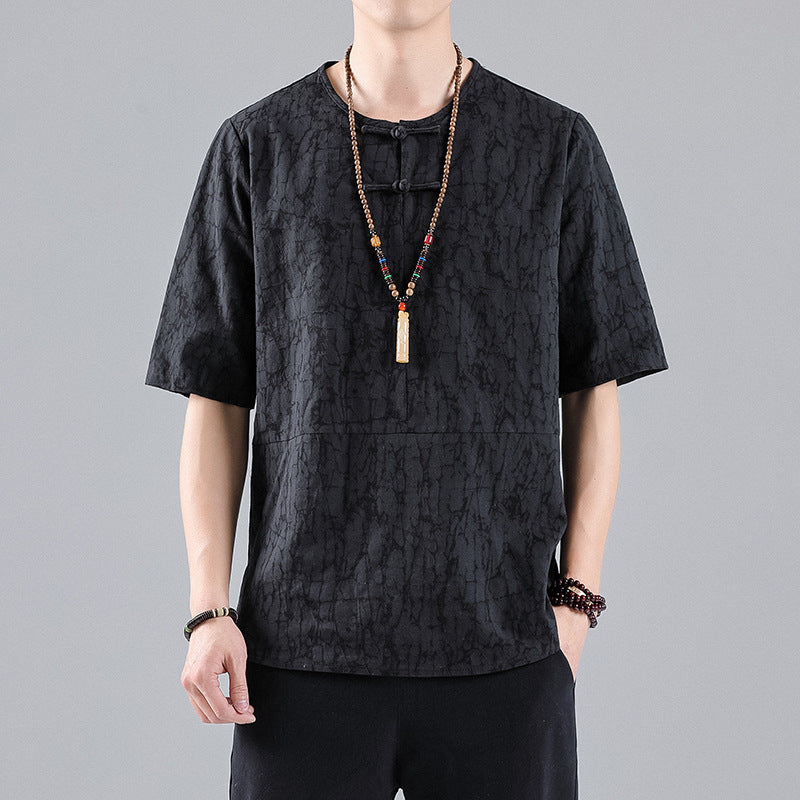 Round Neck Retro Jacquard Men's Short-sleeved T-shirt