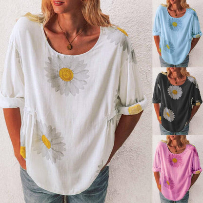 Mid-sleeved Chrysanthemum Cotton And Linen Printed T-shirt Women's Clothing