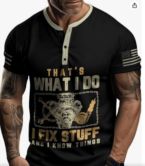 3D Printing Fashion Simple Lapel Button Men's Short Sleeve