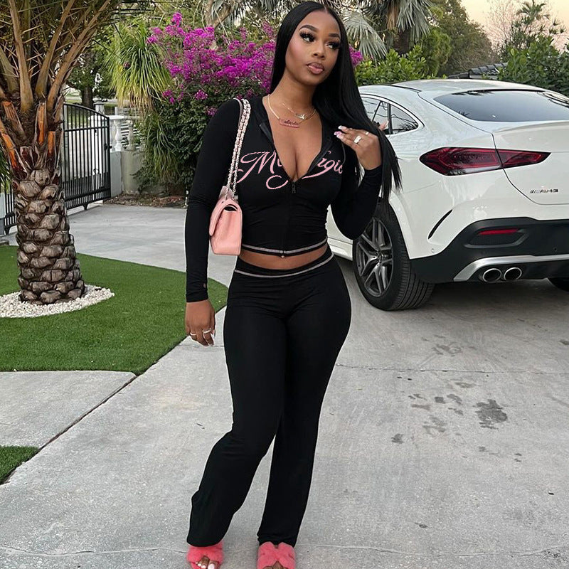 Letter Printing Reverse Car Contrast Color Hooded Zipper Short Sweater Trousers Casual Suit Women