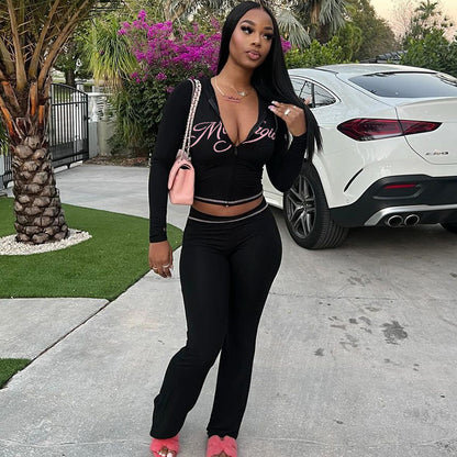 Letter Printing Reverse Car Contrast Color Hooded Zipper Short Sweater Trousers Casual Suit Women