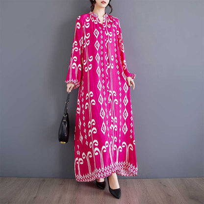Autumn New Loose Printed Patchwork Stand-up Collar Casual Mid-length Dress
