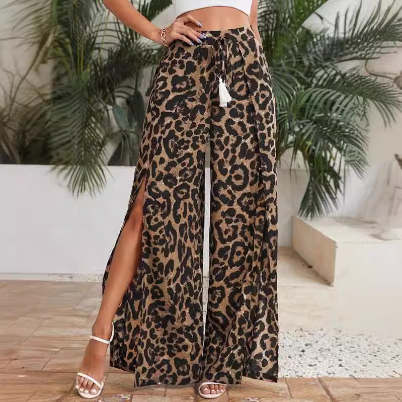 Trendy Leopard Print Casual Tassel Lace-up Waist Leopard Print Wide-leg Pants