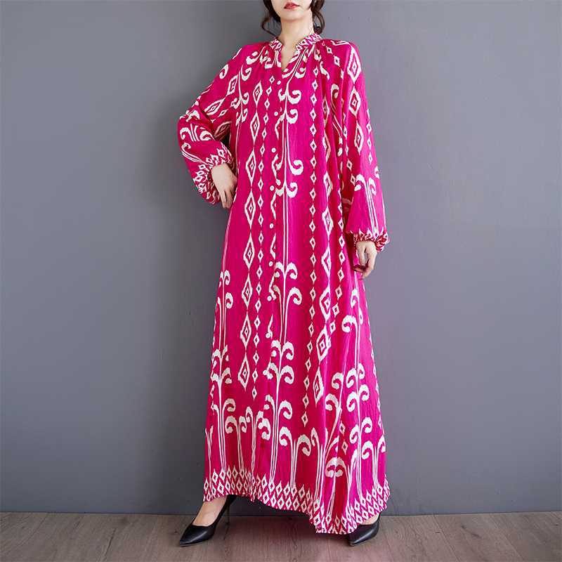 Autumn New Loose Printed Patchwork Stand-up Collar Casual Mid-length Dress