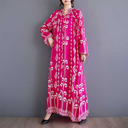 Autumn New Loose Printed Patchwork Stand-up Collar Casual Mid-length Dress
