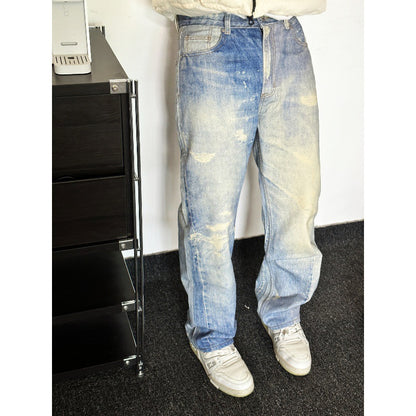 Digital Printed Jeans Gray White Washed Distressed Trousers