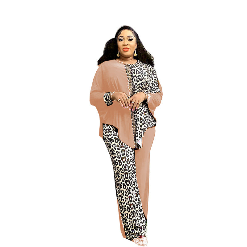 Loose Leopard Print Color Matching Rhinestone Top Trousers Suit