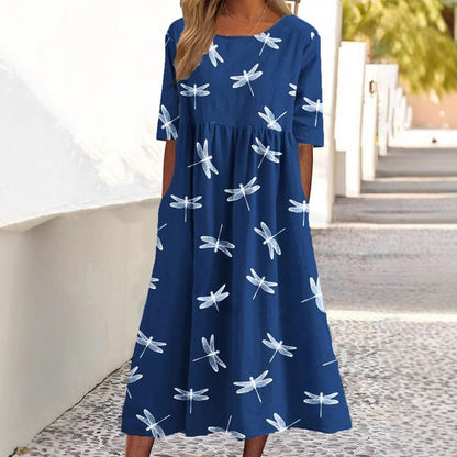 Summer New Mid-waist Women's Round Neck 3D Printing Dress