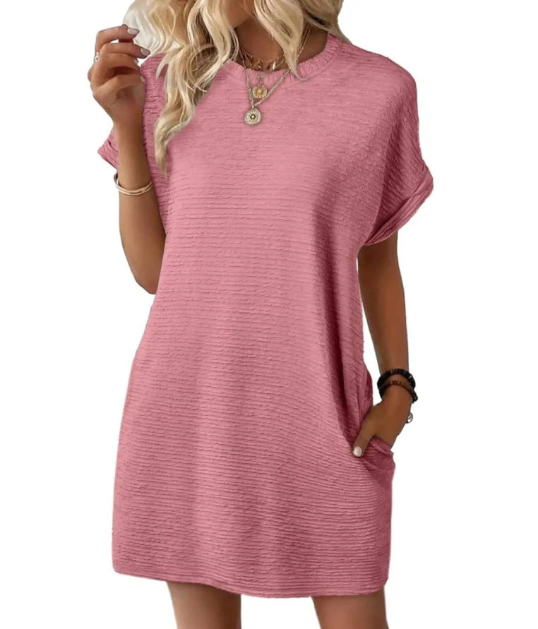 Loose Round Neck Pocket Solid Color Short Sleeve Dress Women