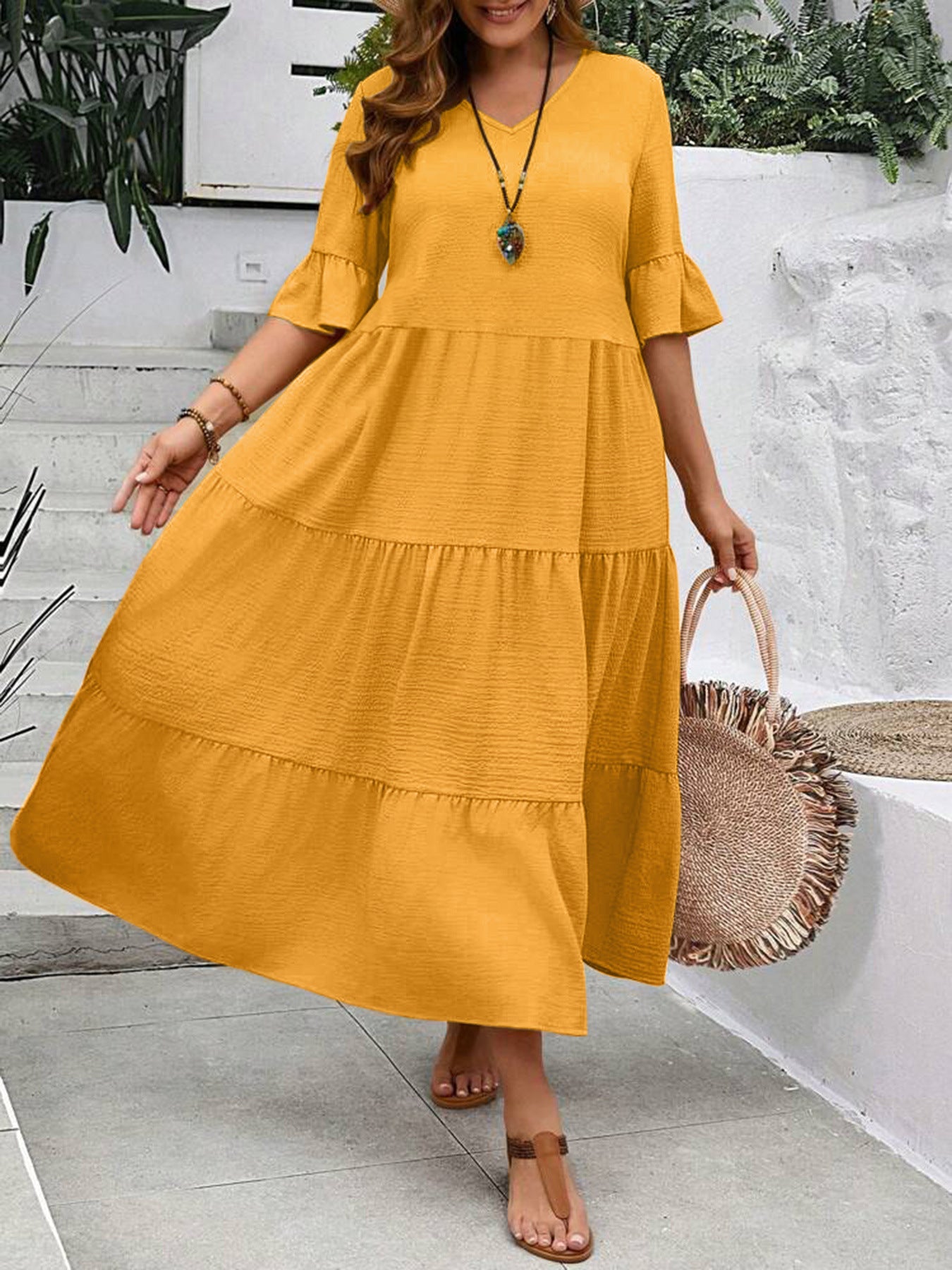 V-neck Stitching Multicolor Long Large Hem Plus Size Dress