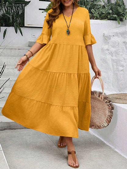 V-neck Stitching Multicolor Long Large Hem Plus Size Dress
