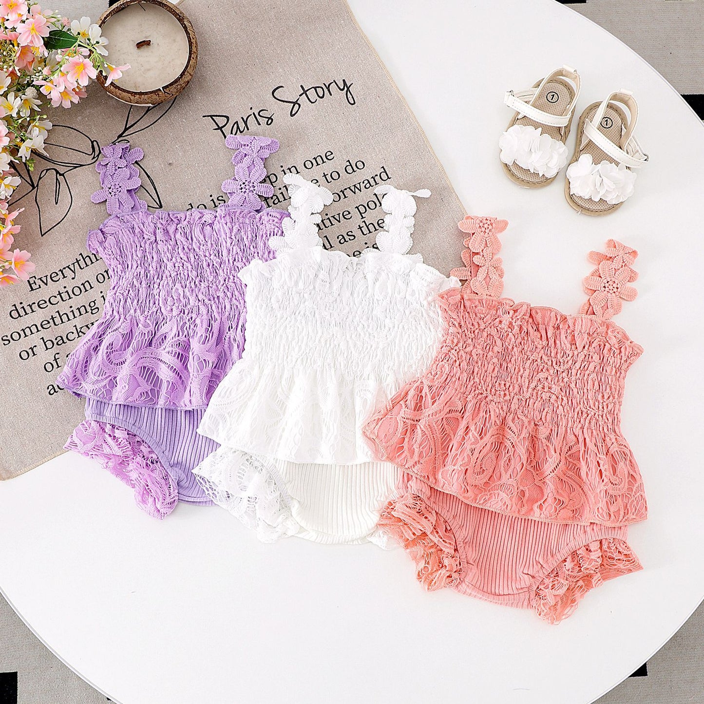 Mesh Smocking Sling Top Harem Pants Lace Two-piece Set