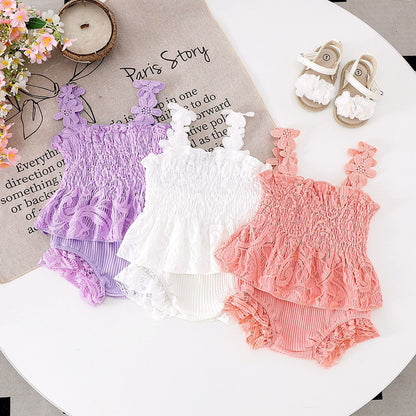 Mesh Smocking Sling Top Harem Pants Lace Two-piece Set
