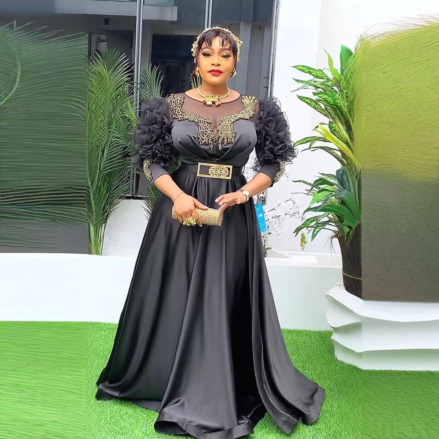 Women's Clothing Lace Sleeve High Waist Dress