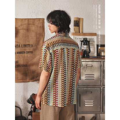 Japanese Style Cuban Collar National Style Hollow Jacquard Color Matching Short Sleeve