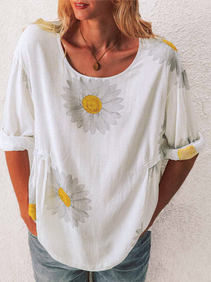 Mid-sleeved Chrysanthemum Cotton And Linen Printed T-shirt Women's Clothing