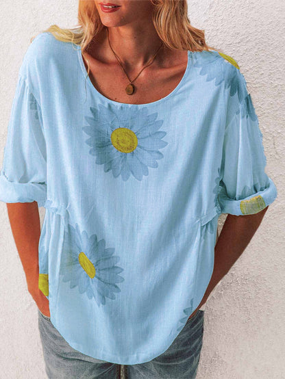 Mid-sleeved Chrysanthemum Cotton And Linen Printed T-shirt Women's Clothing