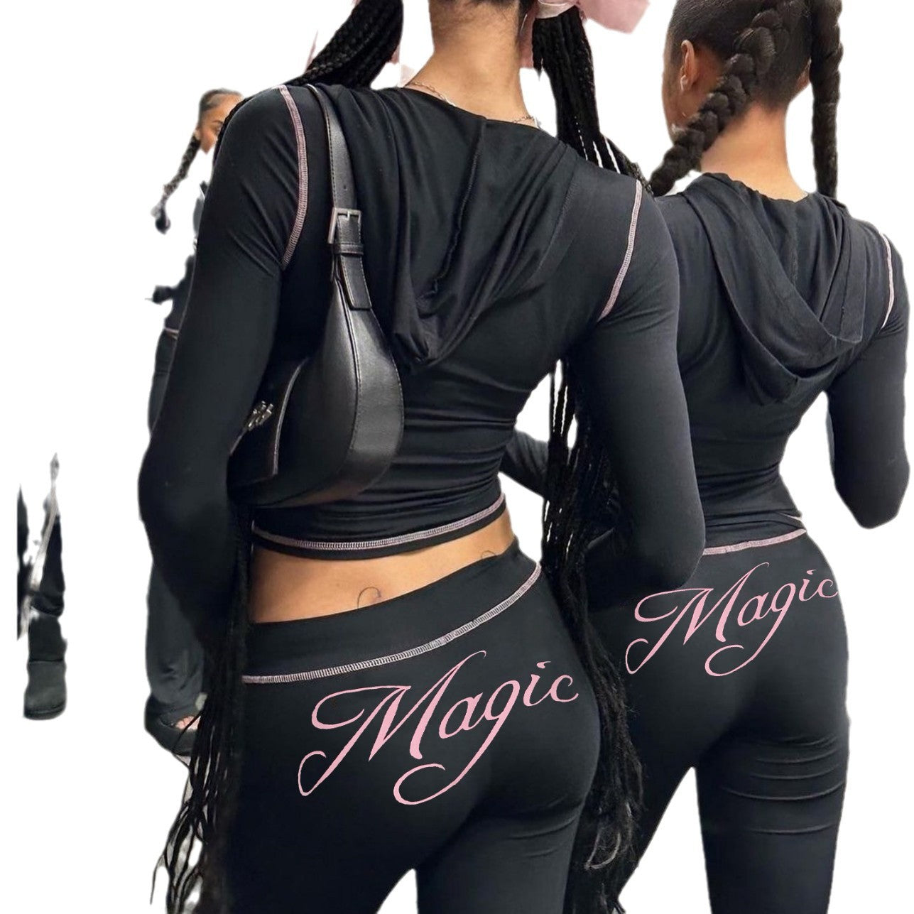 Letter Printing Reverse Car Contrast Color Hooded Zipper Short Sweater Trousers Casual Suit Women