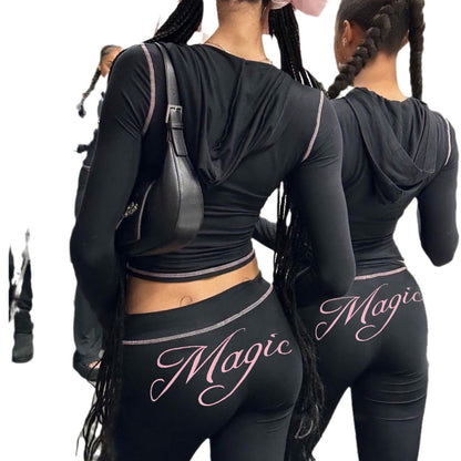 Letter Printing Reverse Car Contrast Color Hooded Zipper Short Sweater Trousers Casual Suit Women