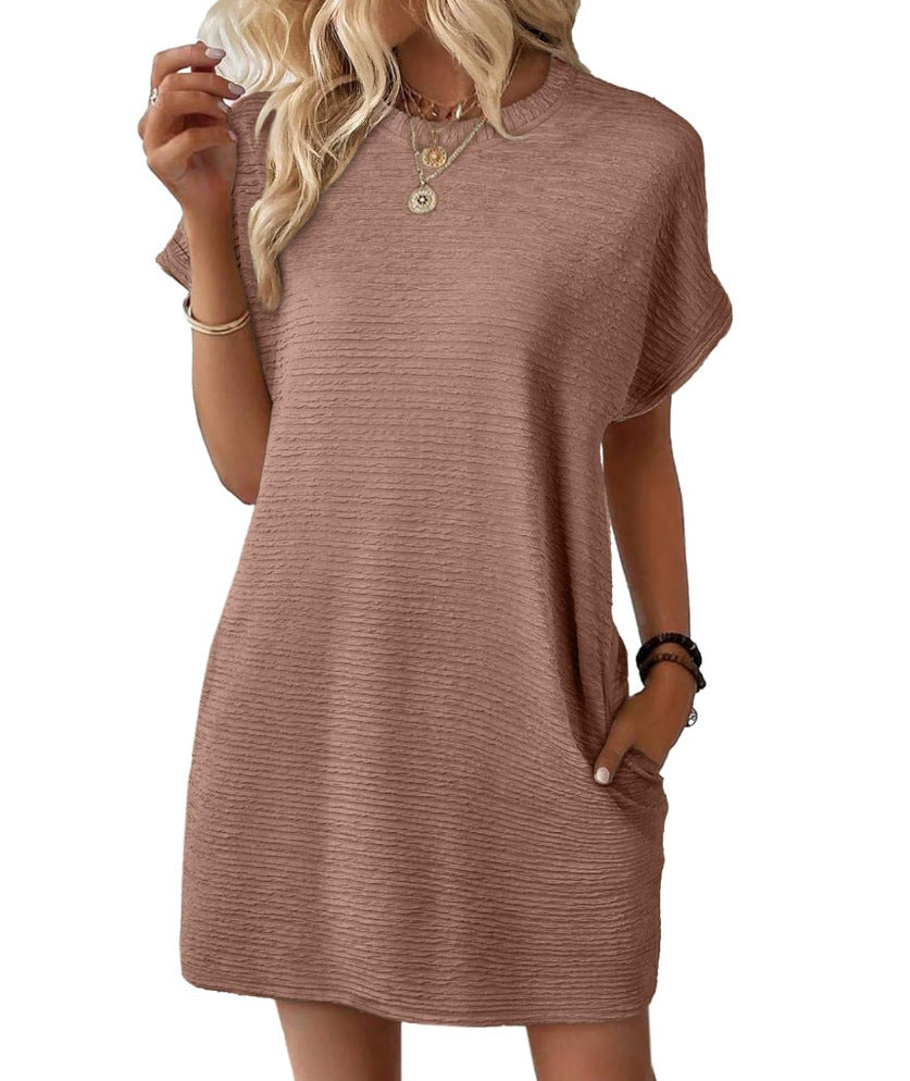 Loose Round Neck Pocket Solid Color Short Sleeve Dress Women