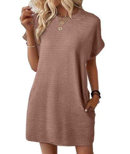 Loose Round Neck Pocket Solid Color Short Sleeve Dress Women