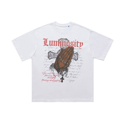 Vintage Cross Letter Printed Loose Short Sleeve T-shirt Men